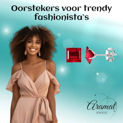 Oorbellen – 8mm Vierkante Zirkonia Rood op RVS Zilverkleur - Aramat Jewels - Oorbellen - cadeautip