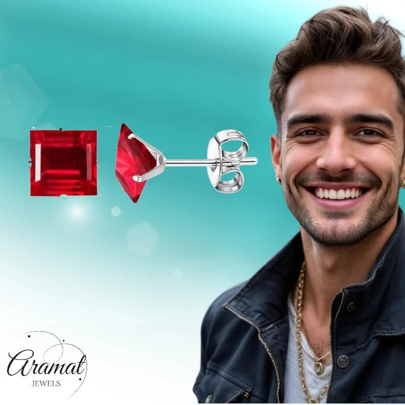 Oorbellen – 8mm Vierkante Zirkonia Rood op RVS Zilverkleur - Aramat Jewels - Oorbellen - cadeautip