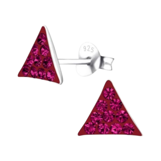 Silver stud earrings triangle fuchsia pink crystal