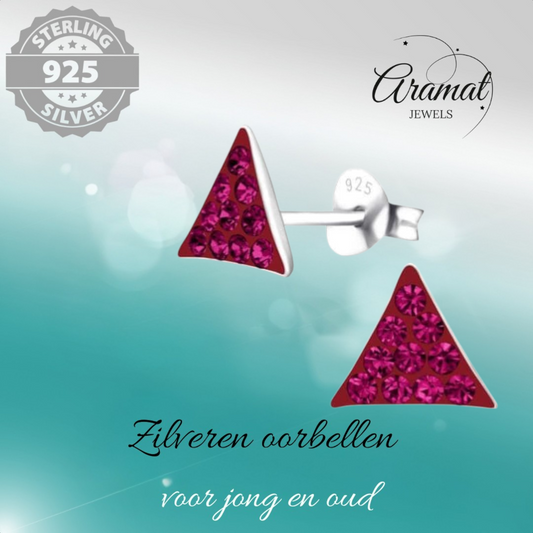 Silver stud earrings triangle fuchsia pink crystal