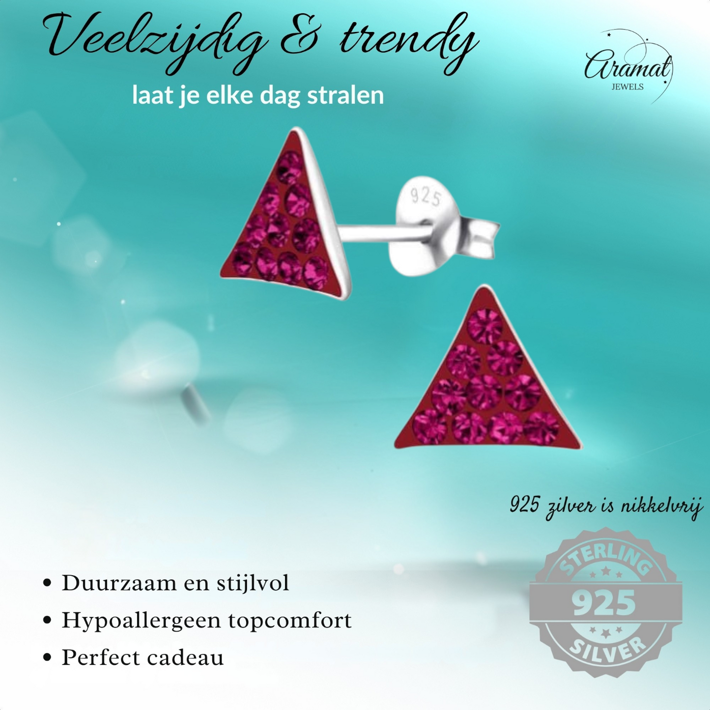 Silver stud earrings triangle fuchsia pink crystal