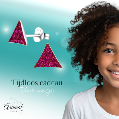 Silver stud earrings triangle fuchsia pink crystal