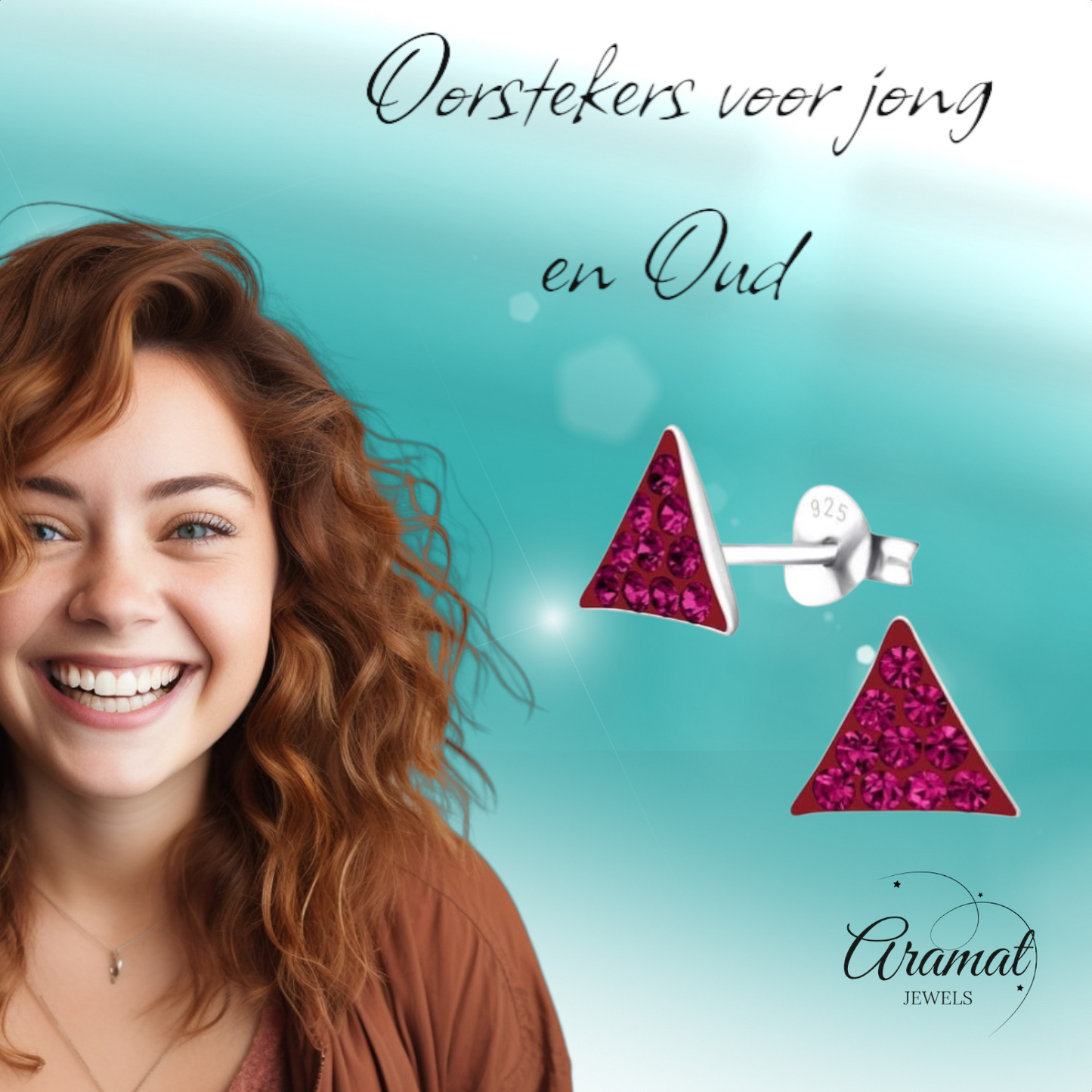 Silver stud earrings triangle fuchsia pink crystal