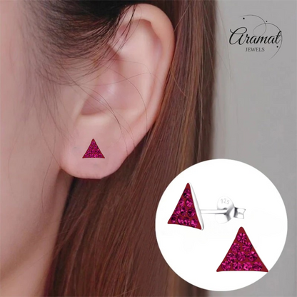 Silver stud earrings triangle fuchsia pink crystal