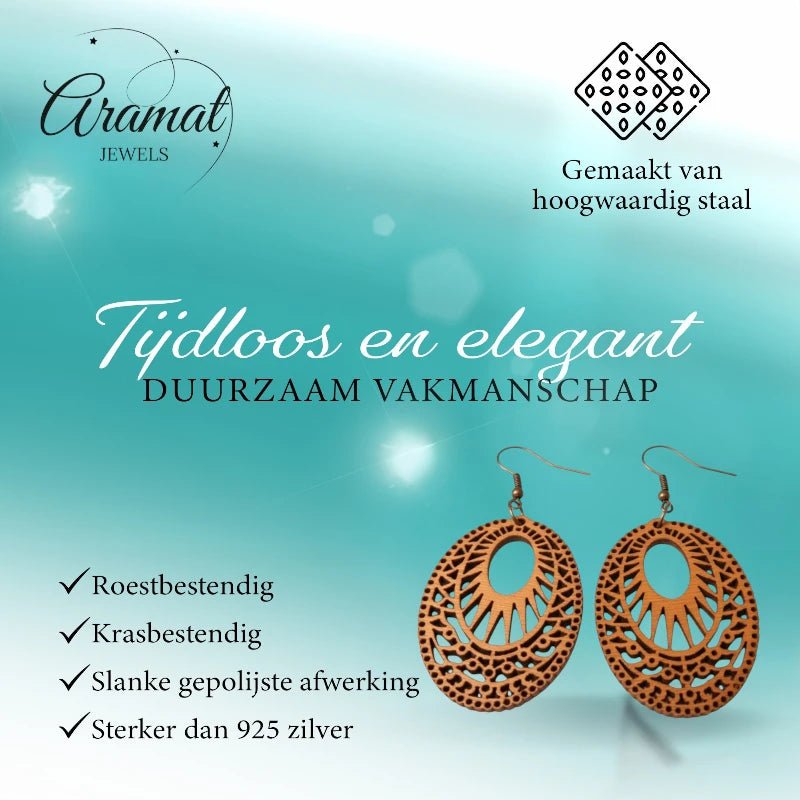 Oorbellen – Elegante Houten Oorhangers Ovaalvorm Bruin Opgewerkt Motief Dames - Aramat Jewels - Oorhangers - cadeautip