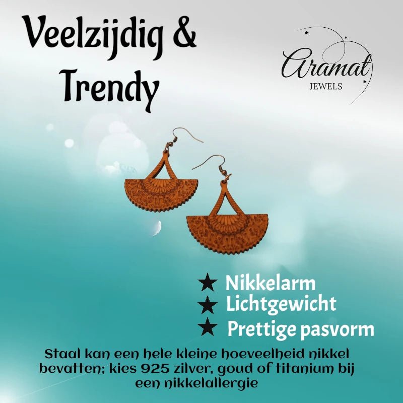 Oorbellen – Elegante Houten Oorhangers Waaiervorm Bruin Opgewerkt Motief Dames - Aramat Jewels - Oorhangers - cadeautip