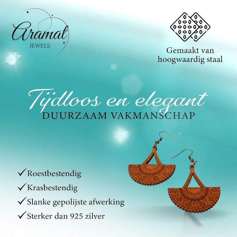 Oorbellen – Elegante Houten Oorhangers Waaiervorm Bruin Opgewerkt Motief Dames - Aramat Jewels - Oorhangers - cadeautip