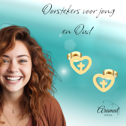 Steel Heart Earrings with Cross - Gold Color - 9mm