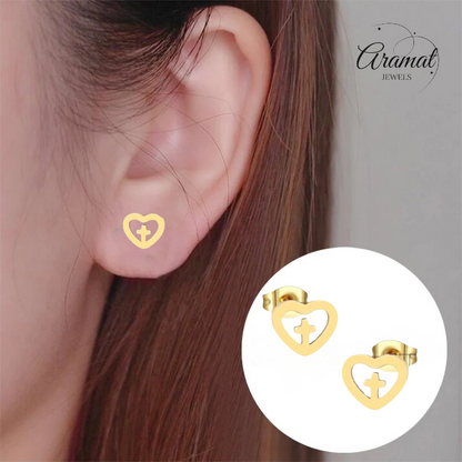 Steel Heart Earrings with Cross - Gold Color - 9mm