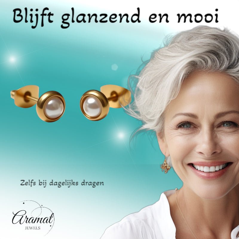 Oorbellen – Parel Wit in Goudkleurig Design (6mm) - Aramat Jewels - Oorbellen - cadeautip