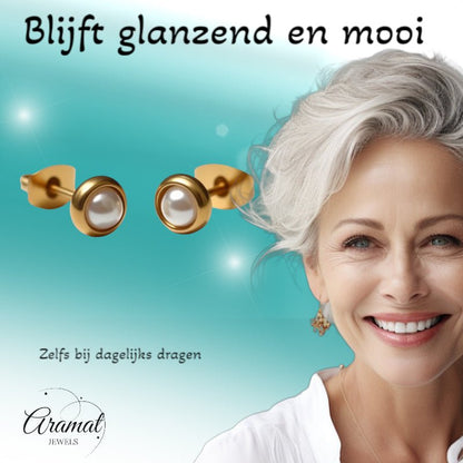 Oorbellen – Parel Wit in Goudkleurig Design (6mm) - Aramat Jewels - Oorbellen - cadeautip