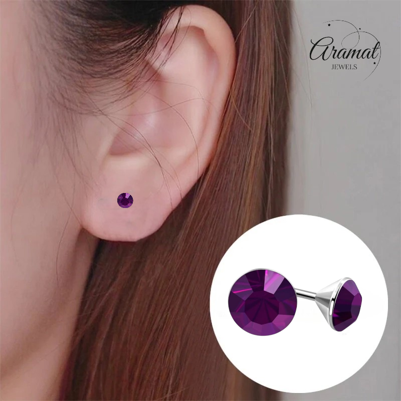 Steel Crystal Earrings with purple stone – Silver color – 3mm