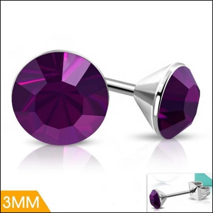 Steel Crystal Earrings with purple stone – Silver color – 3mm