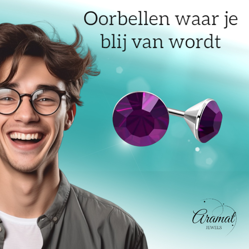 Steel Crystal Earrings with purple stone – Silver color – 3mm