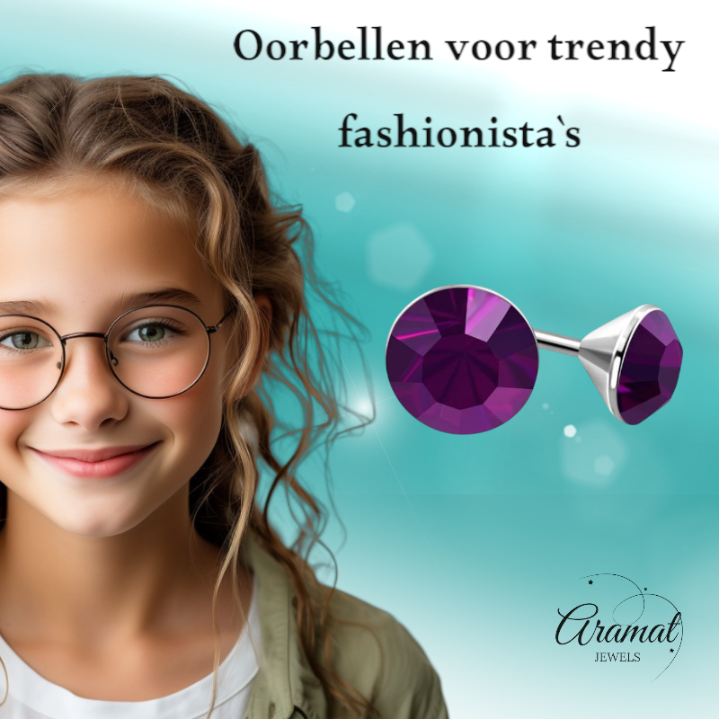 Steel Crystal Earrings with purple stone – Silver color – 3mm