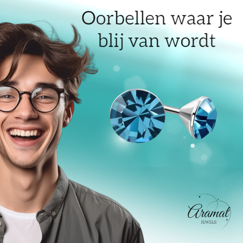 Steel Crystal Earrings with sapphire blue stone – Silver color – 3mm