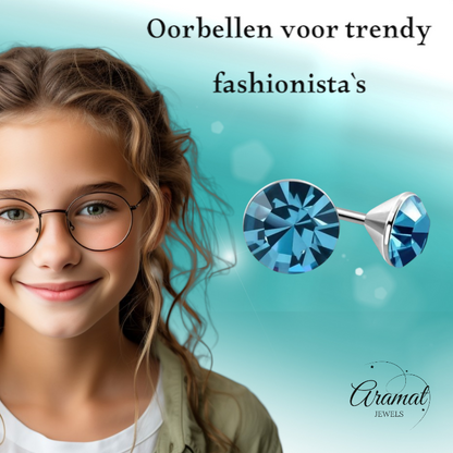 Steel Crystal Earrings with sapphire blue stone – Silver color – 3mm