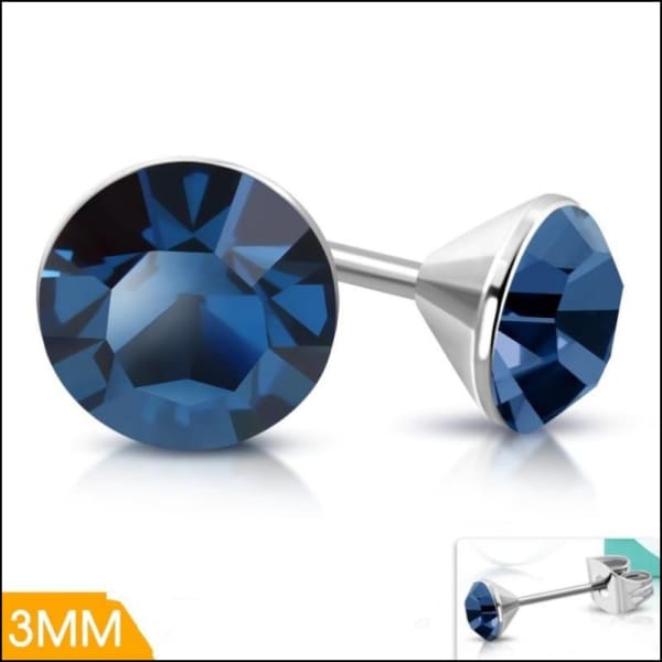 Steel Crystal Earrings with denim blue stone – Silver color – 3mm