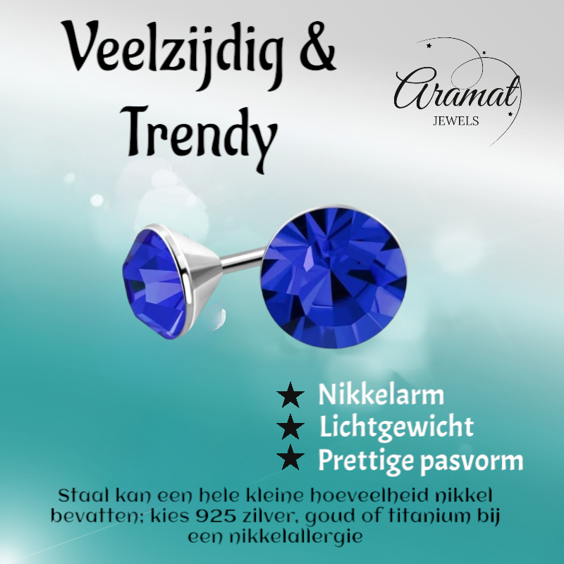 Steel Crystal Earrings with royal blue stone – Silver color – 3mm