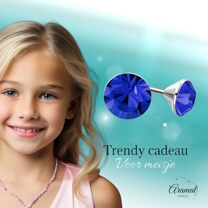 Steel Crystal Earrings with royal blue stone – Silver color – 3mm