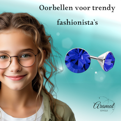 Steel Crystal Earrings with royal blue stone – Silver color – 3mm