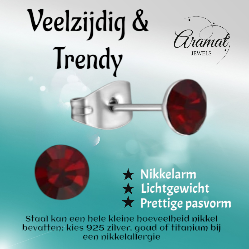 Steel Crystal Earrings with dark red stone – Silver color – 5mm