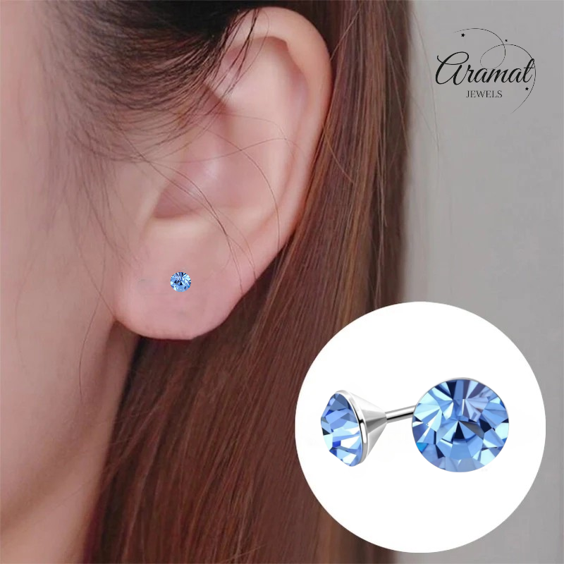 Steel Crystal Earrings with light blue stone – Silver color – 3mm