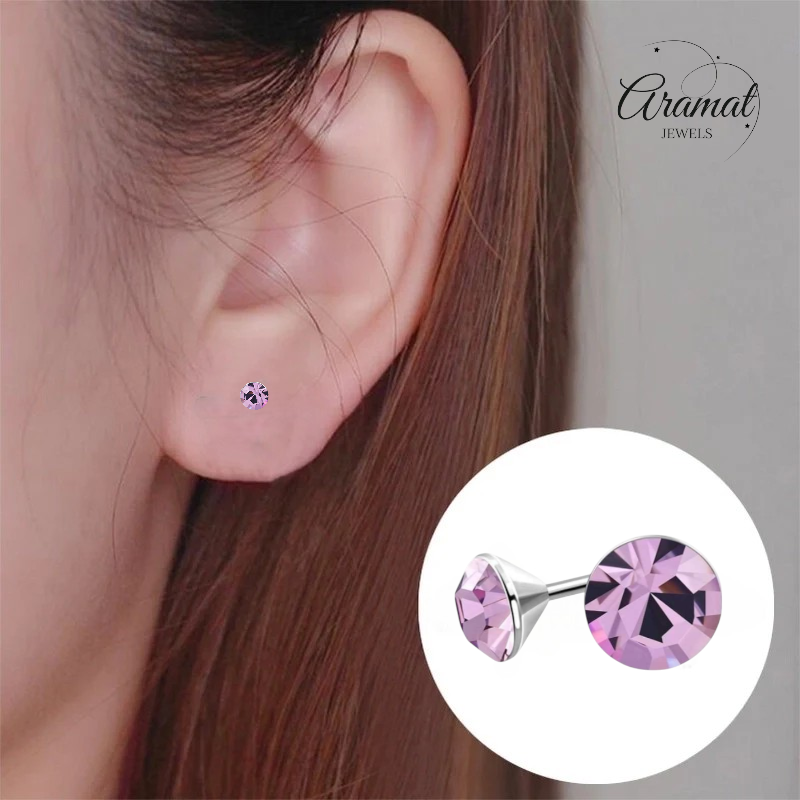 Purple Crystal Stud Earrings – 3mm – Stainless Steel