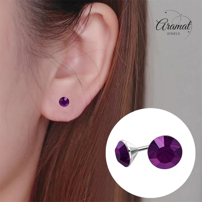 Steel Crystal Earrings with purple stones – Silver color – 4mm
