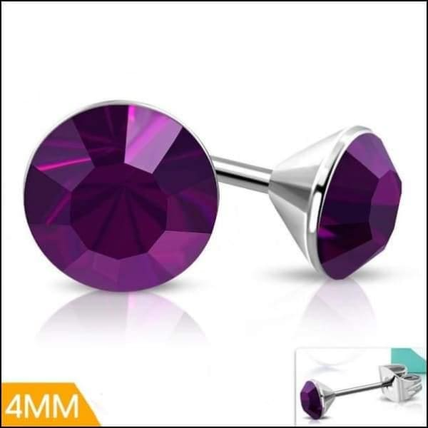 Steel Crystal Earrings with purple stones – Silver color – 4mm