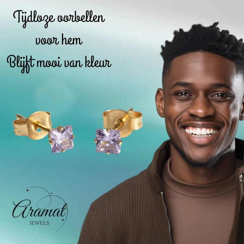 Oorbellen – RVS Goudkleur met Lila Vierkante Zirkonia (4mm) - Aramat Jewels - Oorbellen - cadeautip