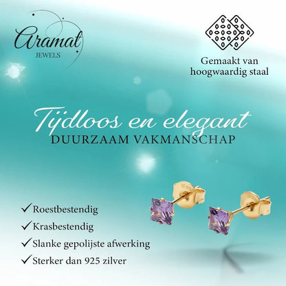 Oorbellen – RVS Goudkleur met Paarse Vierkante Zirkonia (4mm) - Aramat Jewels - Oorbellen - cadeautip