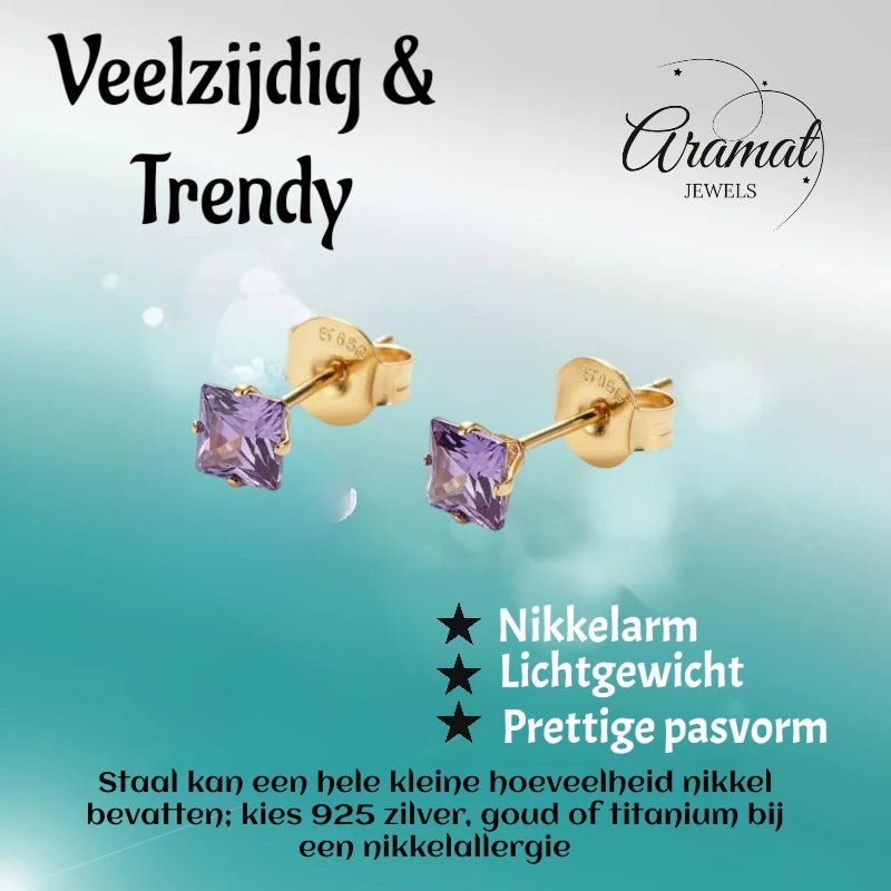 Oorbellen – RVS Goudkleur met Paarse Vierkante Zirkonia (4mm) - Aramat Jewels - Oorbellen - cadeautip