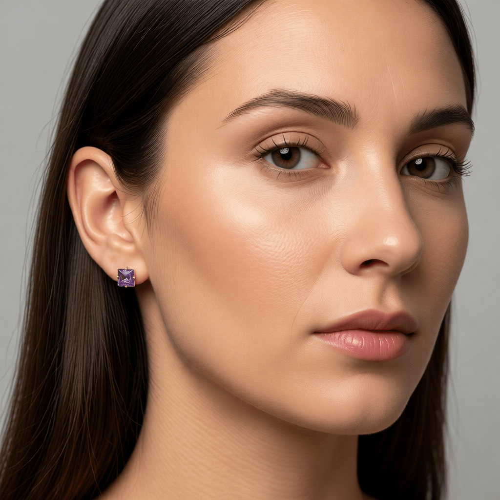 Oorbellen – RVS Goudkleur met Paarse Vierkante Zirkonia (4mm) - Aramat Jewels - Oorbellen - cadeautip