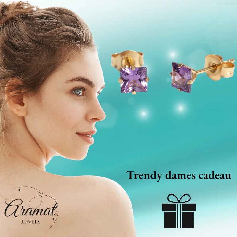 Oorbellen – RVS Goudkleur met Paarse Vierkante Zirkonia (5mm) - Aramat Jewels - Oorbellen - cadeautip