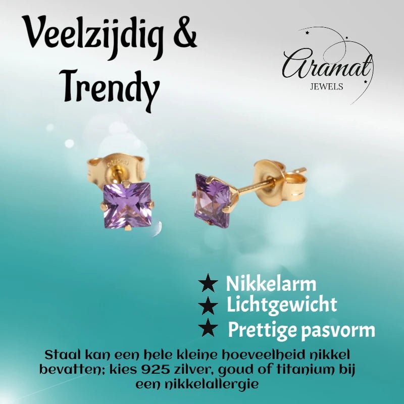 Oorbellen – RVS Goudkleur met Paarse Vierkante Zirkonia (5mm) - Aramat Jewels - Oorbellen - cadeautip
