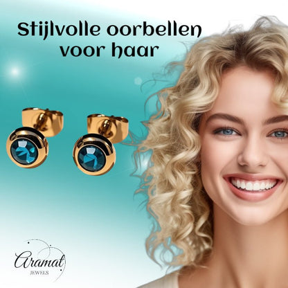 Oorbellen – RVS Goudkleurig met Blauwe Zirkonia (6mm) - Aramat Jewels - Oorbellen - cadeautip
