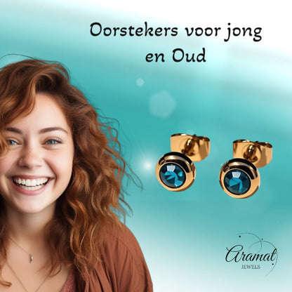 Oorbellen – RVS Goudkleurig met Blauwe Zirkonia (6mm) - Aramat Jewels - Oorbellen - cadeautip