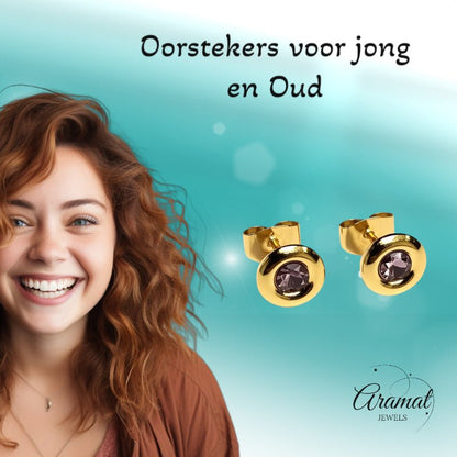 Oorbellen – RVS Goudkleurig met Roze Kristal (8mm) - Aramat Jewels - Oorbellen - cadeautip