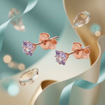 Oorbellen – RVS Roségoudkleur met Lila Vierkante Zirkonia (4mm) - Aramat Jewels - Oorbellen - cadeautip