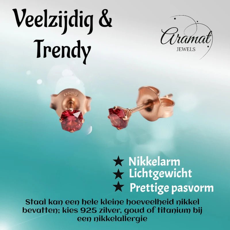 Oorbellen – RVS Roségoudkleur met Rode Vierkante Zirkonia (3mm) - Aramat Jewels - Oorbellen - cadeautip
