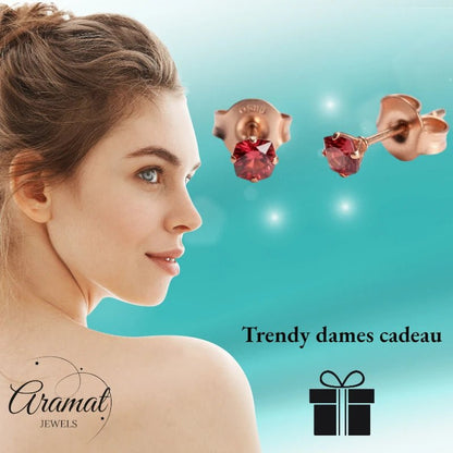 Oorbellen – RVS Roségoudkleur met Rode Vierkante Zirkonia (3mm) - Aramat Jewels - Oorbellen - cadeautip