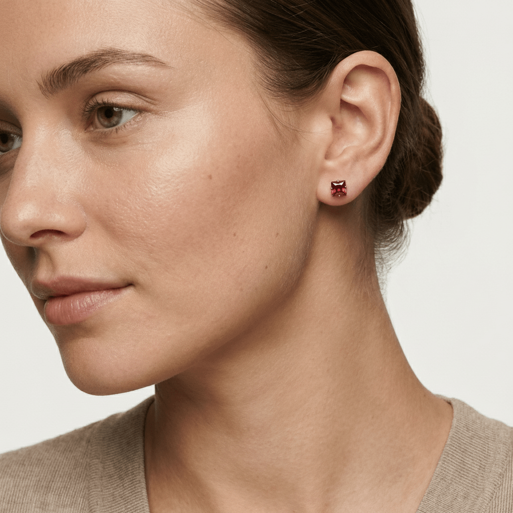 Oorbellen – RVS Roségoudkleur met Rode Vierkante Zirkonia (4mm) - Aramat Jewels - Oorbellen - cadeautip