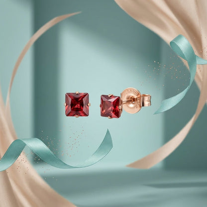 Oorbellen – RVS Roségoudkleur met Rode Vierkante Zirkonia (4mm) - Aramat Jewels - Oorbellen - cadeautip