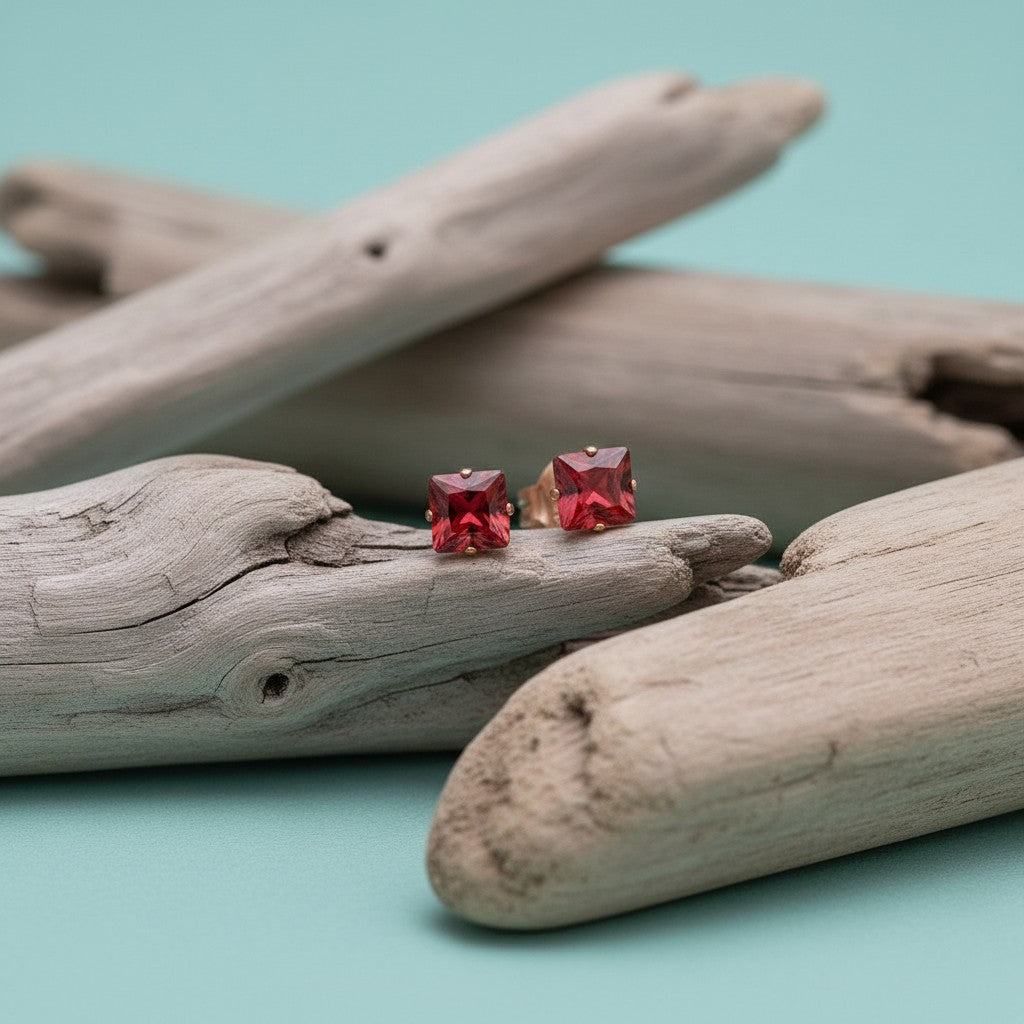 Oorbellen – RVS Roségoudkleur met Rode Vierkante Zirkonia (4mm) - Aramat Jewels - Oorbellen - cadeautip