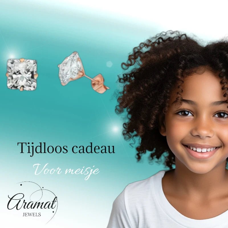 Oorbellen – RVS Roségoudkleur met Vierkante Zirkonia (3mm) - Aramat Jewels - Oorbellen - cadeautip