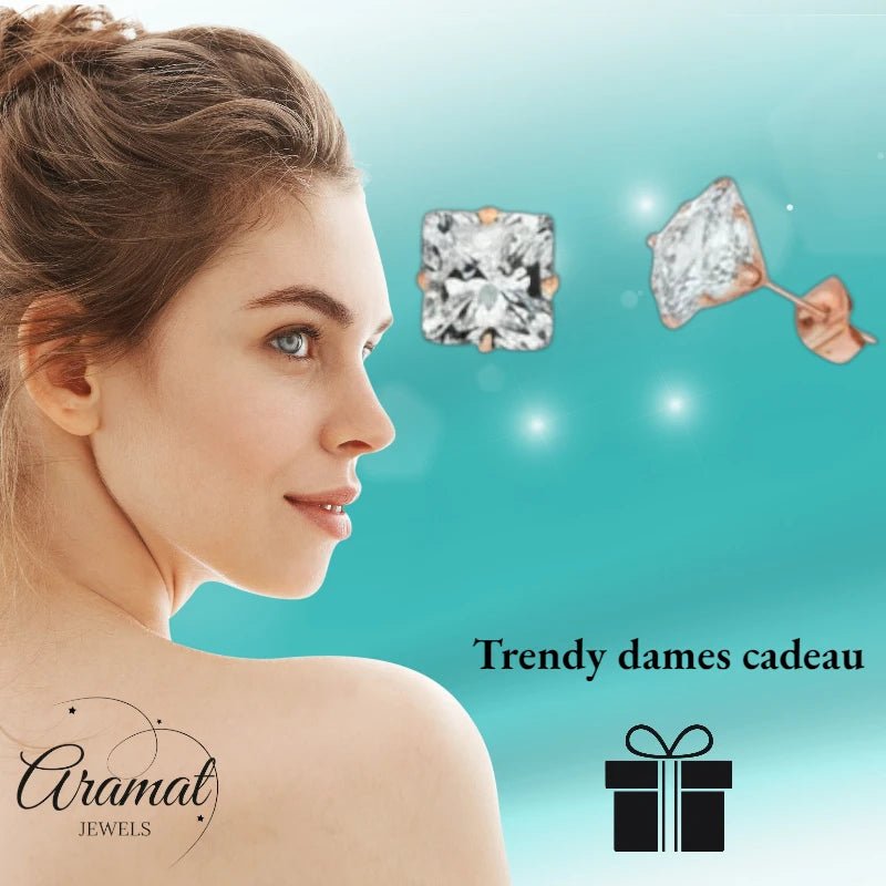 Oorbellen – RVS Roségoudkleur met Vierkante Zirkonia (3mm) - Aramat Jewels - Oorbellen - cadeautip