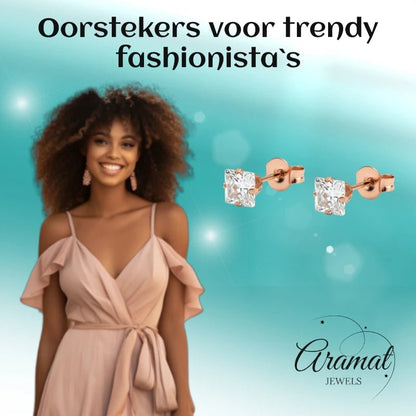 Oorbellen – RVS Roségoudkleur met Vierkante Zirkonia (5mm) - Aramat Jewels - Oorbellen - cadeautip