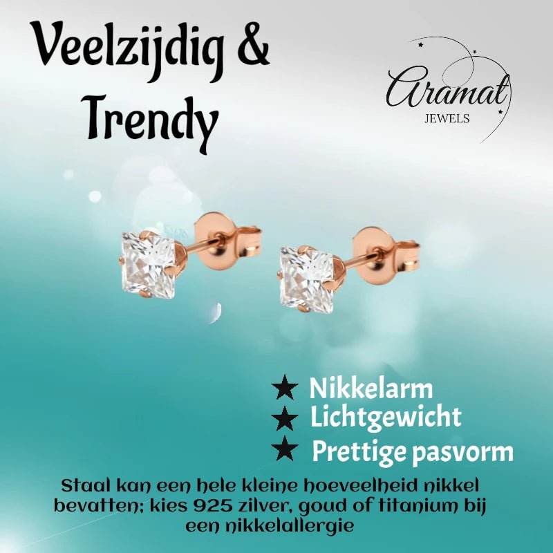 Oorbellen – RVS Roségoudkleur met Vierkante Zirkonia (5mm) - Aramat Jewels - Oorbellen - cadeautip