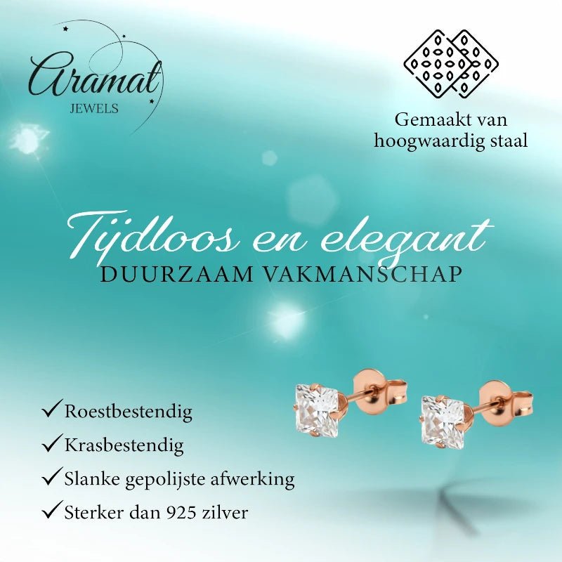 Oorbellen – RVS Roségoudkleur met Vierkante Zirkonia (5mm) - Aramat Jewels - Oorbellen - cadeautip
